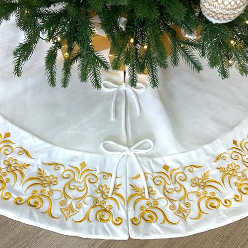 72-Inch Victorian Velvet Christmas Tree Skirt with Gold Damask Embroidery and Plush Lace Ties, Burgundy