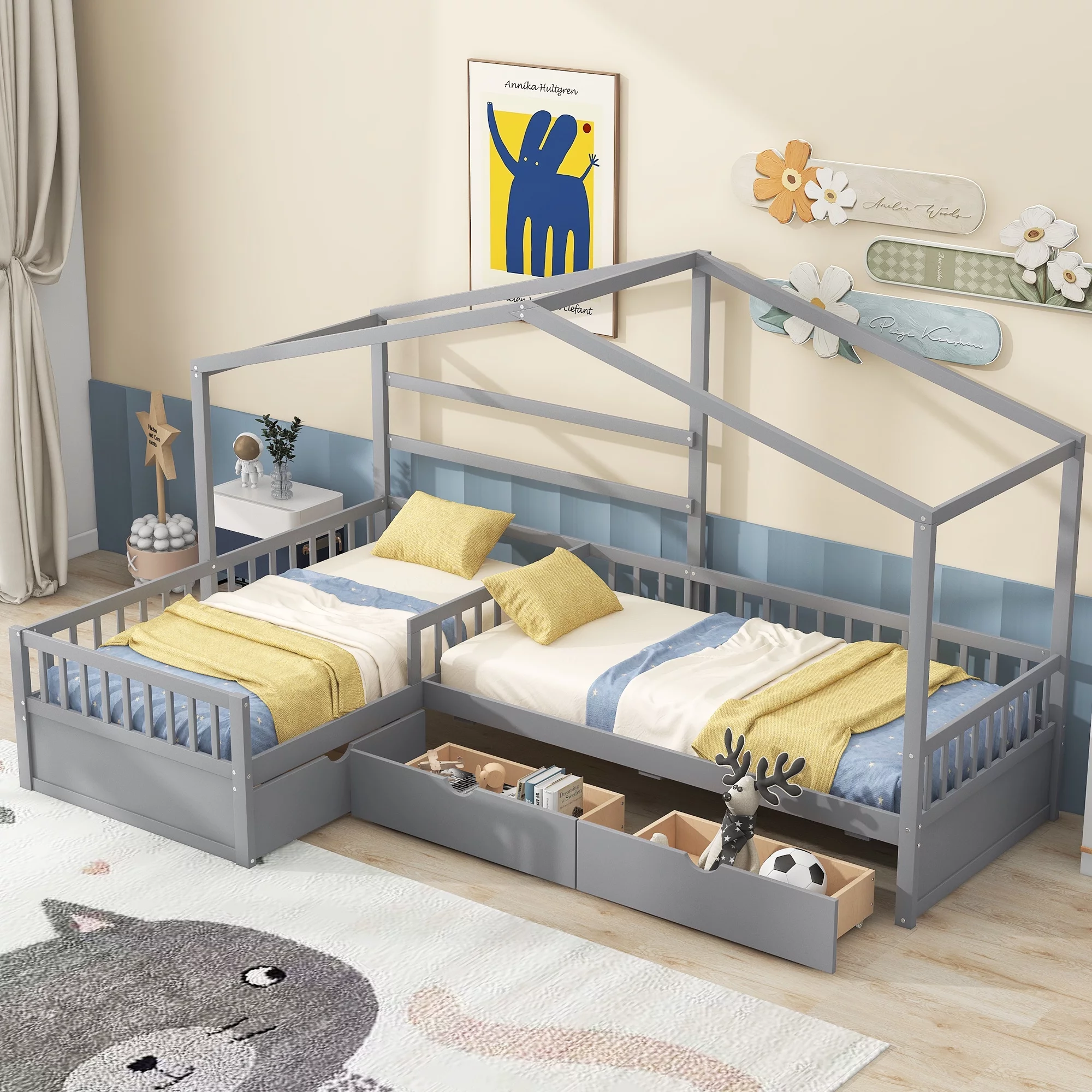 Churanty L Shaped Twin Bed for 2 Kids, Twin Size House Platform Bed with 3 Storage Drawers, Wood Double Twin Beds with Fence and Roof