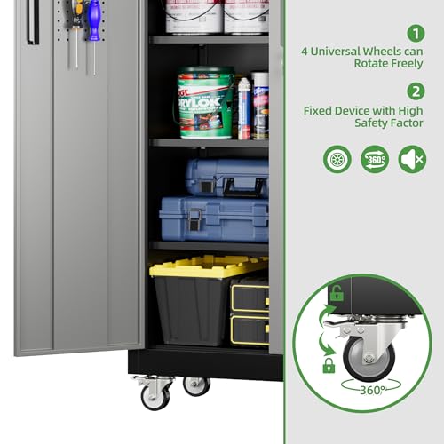 71" Metal Storage Cabinet with Wheels and Pegboard, Lockable Rolling Steel Storage Cabinet with 5 Adjustable Shelves and Door for Garage, Office