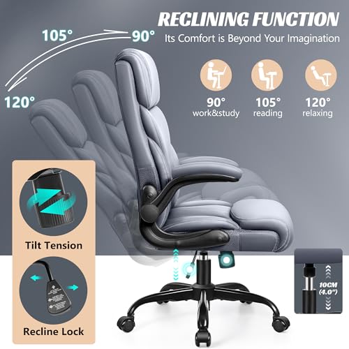 Office Chair, Ergonomic Big and Tall Computer Desk Chairs, Executive Breathable Leather Chair with Adjustable High Back Flip-up Armrests