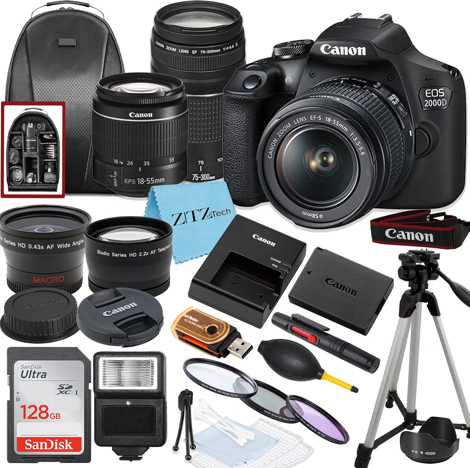 Canon EOS 2000D / Rebel T7 DSLR Camera with EF-S 18-55mm + EF 75-300mm Daul Lens + SanDisk 128GB Memory Card + Tripod + Case + Wideangle Lenses +