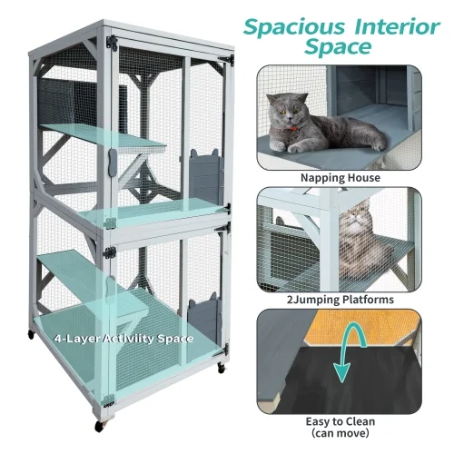 Wooden Catio Outdoor Cat Enclosure, 71 Inch Luxury Cat House on Wheels with Napping House, 4 Platforms & Weatherproof Asphalt Roof