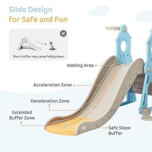 4-in-1 Toddler Slide and Swing Set with Extra Large Playground, Basketball Hoop & Climber, Indoor/Outdoor Playset, Castle Collection - Blue & Yellow
