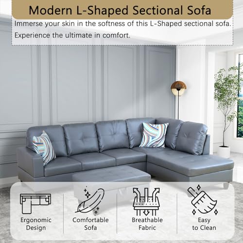 Faux Leather Sectional Sofa Couch with Storage Ottoman, L Shaped Couches for Living Room Furniture Sets、Offices、Apartments Furniture Sets