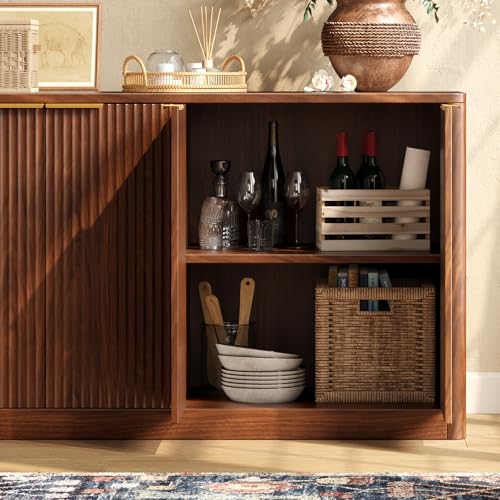 67" Fluted Oak Buffet Cabinet Sideboard with Storage, Large Credenza with 6 Doors