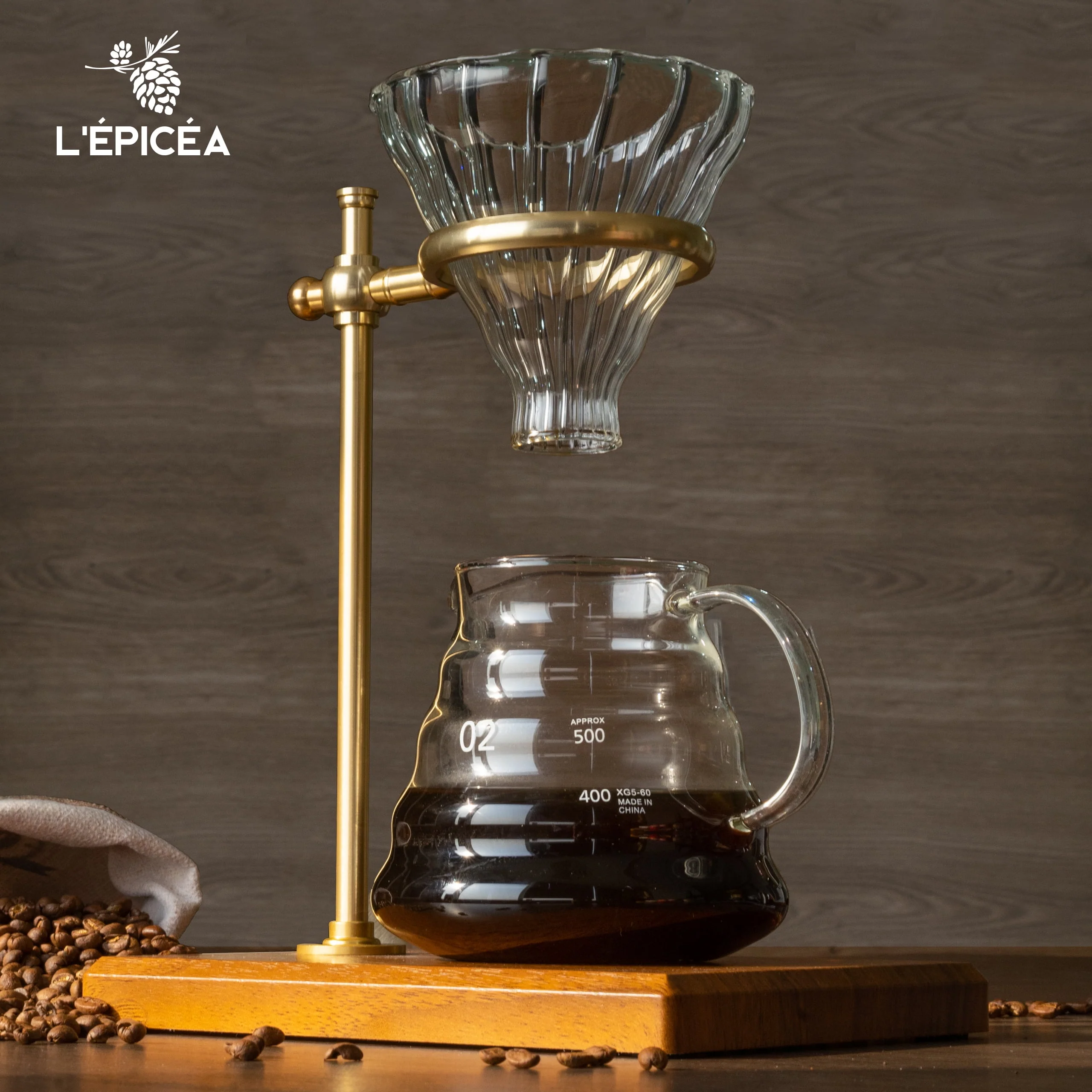L'ÉPICÉA Pour over Coffee Maker Set,Stainless Steel Stand, Wooden Base, Glass Coffee Dripper