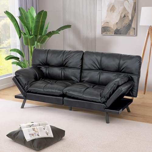 71" Convertible Futon Sofa,Faux Leather Futon Couch Bed,Sleeper Sofa Bed,Memory Foam Modern Folding Small Loveseat for Living Room,Office,Apartment