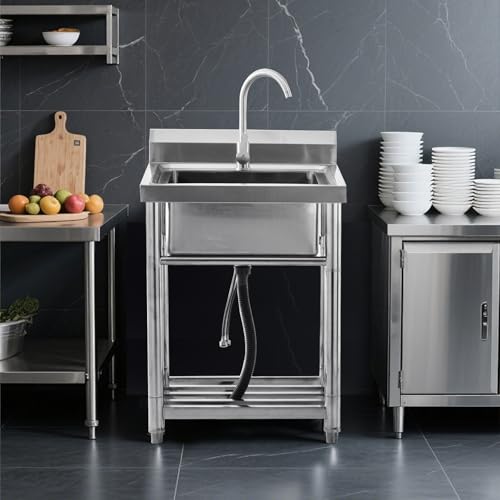 Utility Sink Stainless Steel Free Standing Single Bowl Laundry Outdoor Commercial Kitchen Sink with Cold Hot Pipe for Bar, Garage, Restaurant