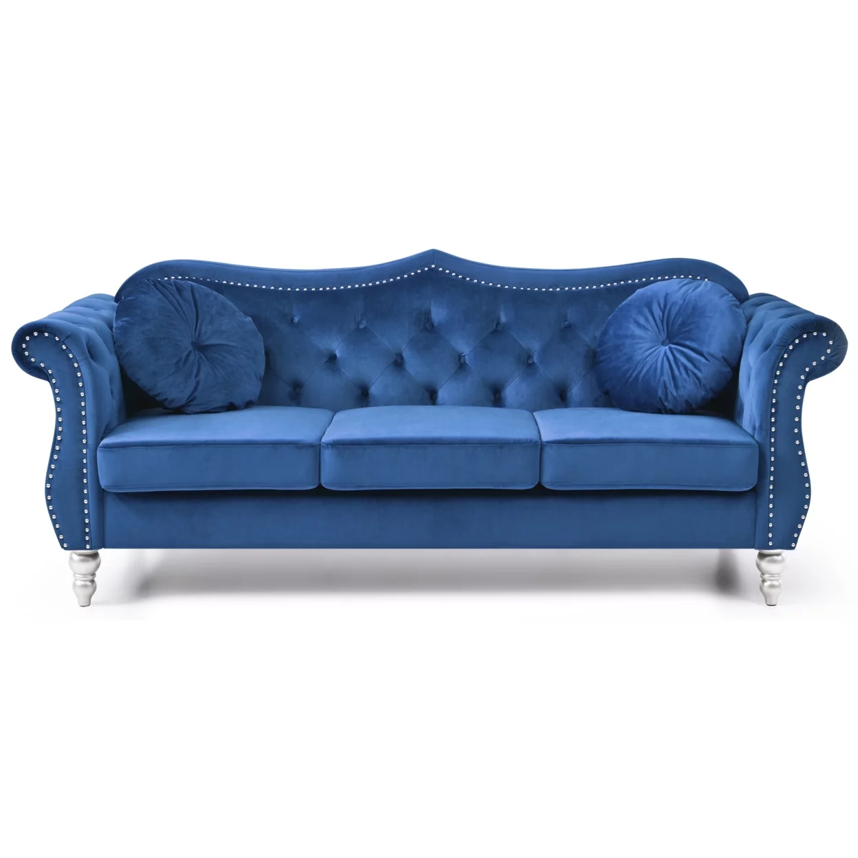 Passion Furniture Hollywood 82 in. Navy Blue Velvet Chesterfield 3-Seater Sofa with 2-Throw Pillow