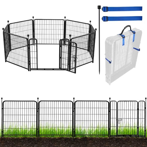 ADAVIN Tall Garden Fence with Gate, 48 in(H) 8 Panels Heavy Duty Iron Metal Animal Barrier Fence, Indoor Dog Playpen, Temporary Fencing