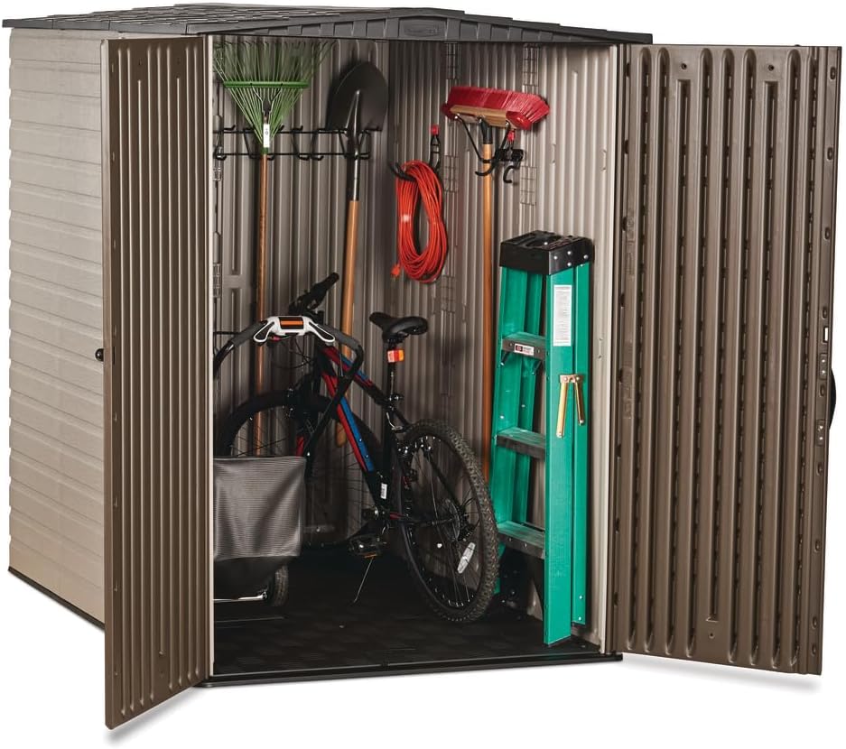 Rubbermaid Large Vertical Resin Outdoor Storage Shed With Floor (5 x 6 Ft), Weather Resistant, Brown