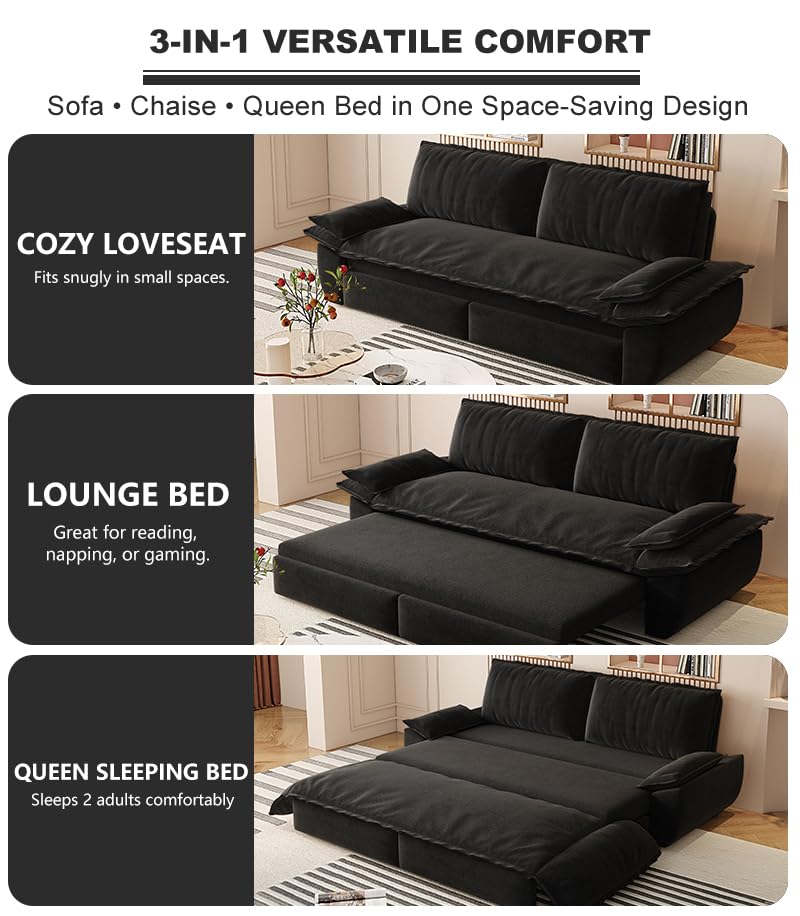 70.1" Futon Sofa Bed Queen Size, Pull Out Bed, 3-in-1 Convertible Sleeper Sofa with 2 Soft Pillows, Modern Velvet Futon Couch for Living Room