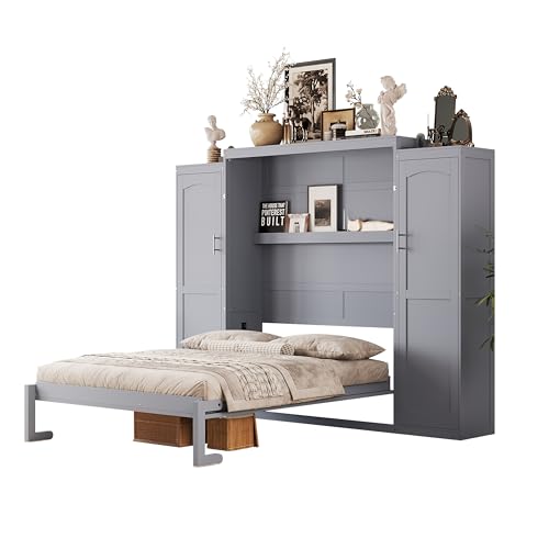 Polib Full Size Murphy Bed with Two Wardrobes and Storage Shelf, Space-Saving Wall Cabinet Bed with Foldable Platform Bedframe for Small Bedrooms