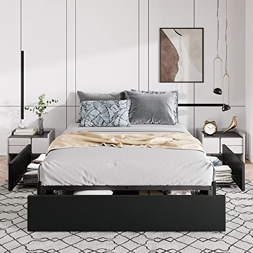Allewie Queen Size Platform Bed Frame with 3 Storage Drawers, Fabric Upholstered, Wooden Slats Support, No Box Spring Needed, Noise Free