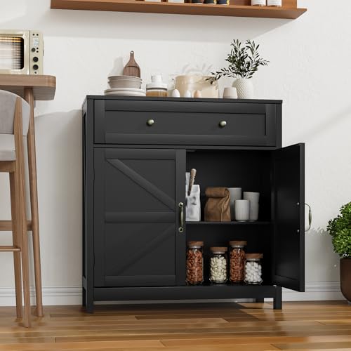 Farmhouse Storage Cabinet with 2 Doors, White Kitchen Cabinet with Walnut Countertop, Freestanding Floor Storage Cabinets Hutch Cupboard