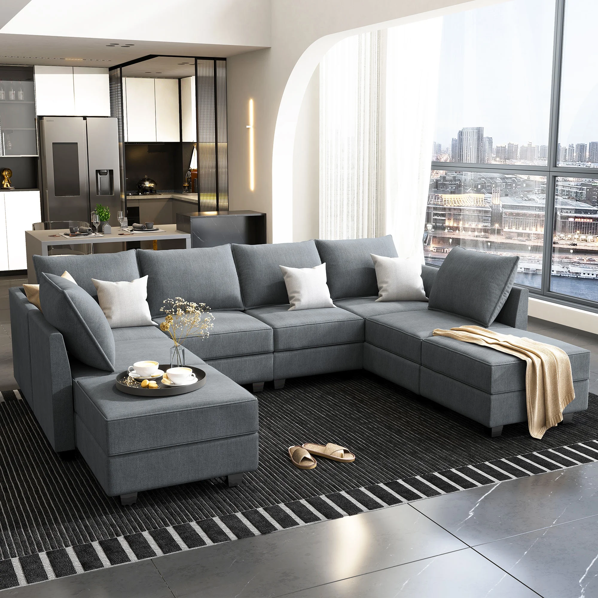 HONBAY Modern Sectional Convertible Sofa Sleeper Bed with Storage Ottomans for Living Room, Bluish Grey