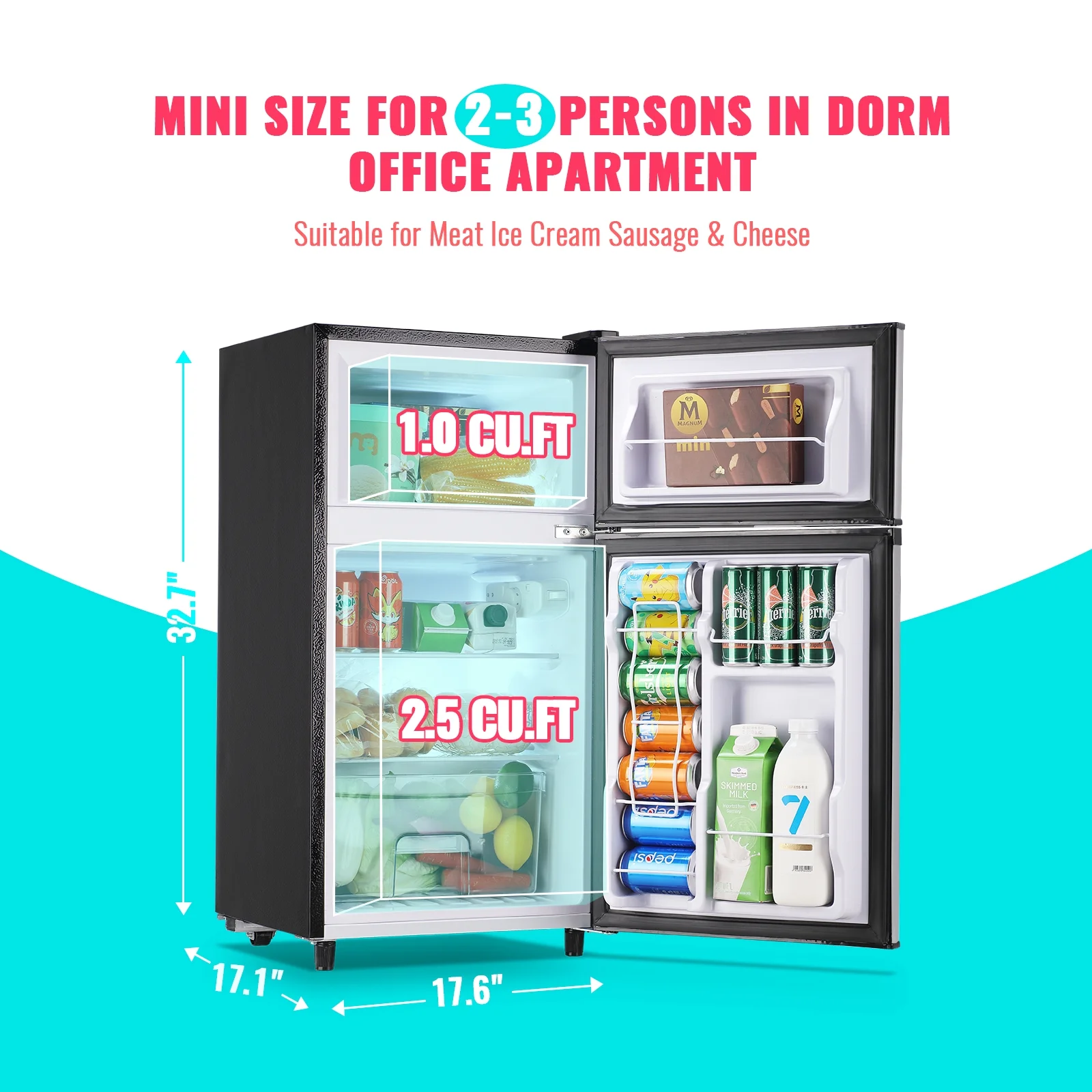 WANAI 3.5 Cu.ft Dual Door Mini Fridge with Freezer Compact Retro Refrigerator with Wire Rack Silver