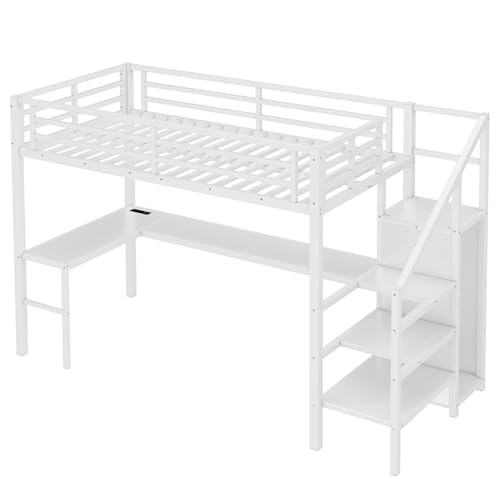 Bellemave Full Size Metal Loft Bed with L Shaped Desk and Wardrobe, Heavy Duty Loft Bed Frame with Storage Stairs