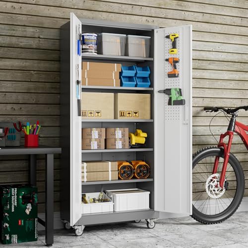 Aobabo 71" H×32" W×16" D Metal Storage Cabinet with Wheels, Garage Steel Storage Cabinet with 5 Adjustable Shelves and 4 Hooks for Home Office