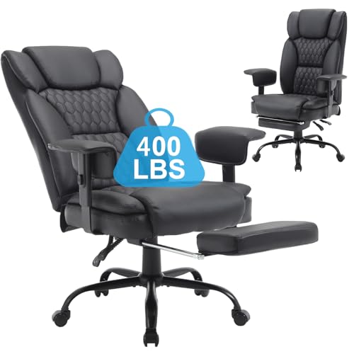 Big and Tall Office Chair 400LBS with Wide Seat High Back Ergonomic Executive Reclining Office Chair with Footrest Leather Computer Gaming Desk