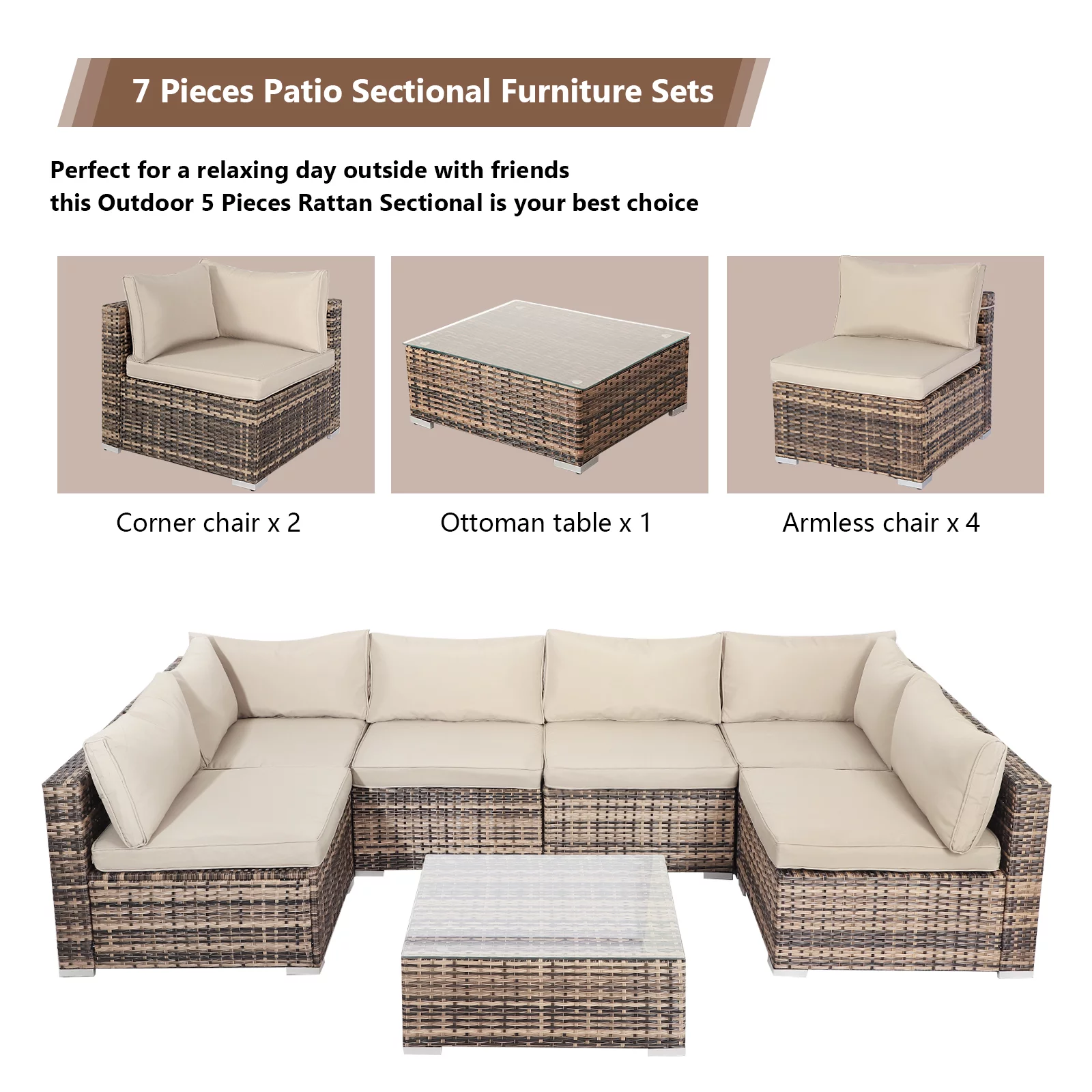 Magic Union Outdoor  7 Pieces Patio Furniture Set, PE Rattan Wicker Furniture with Table and Cushions, Beige