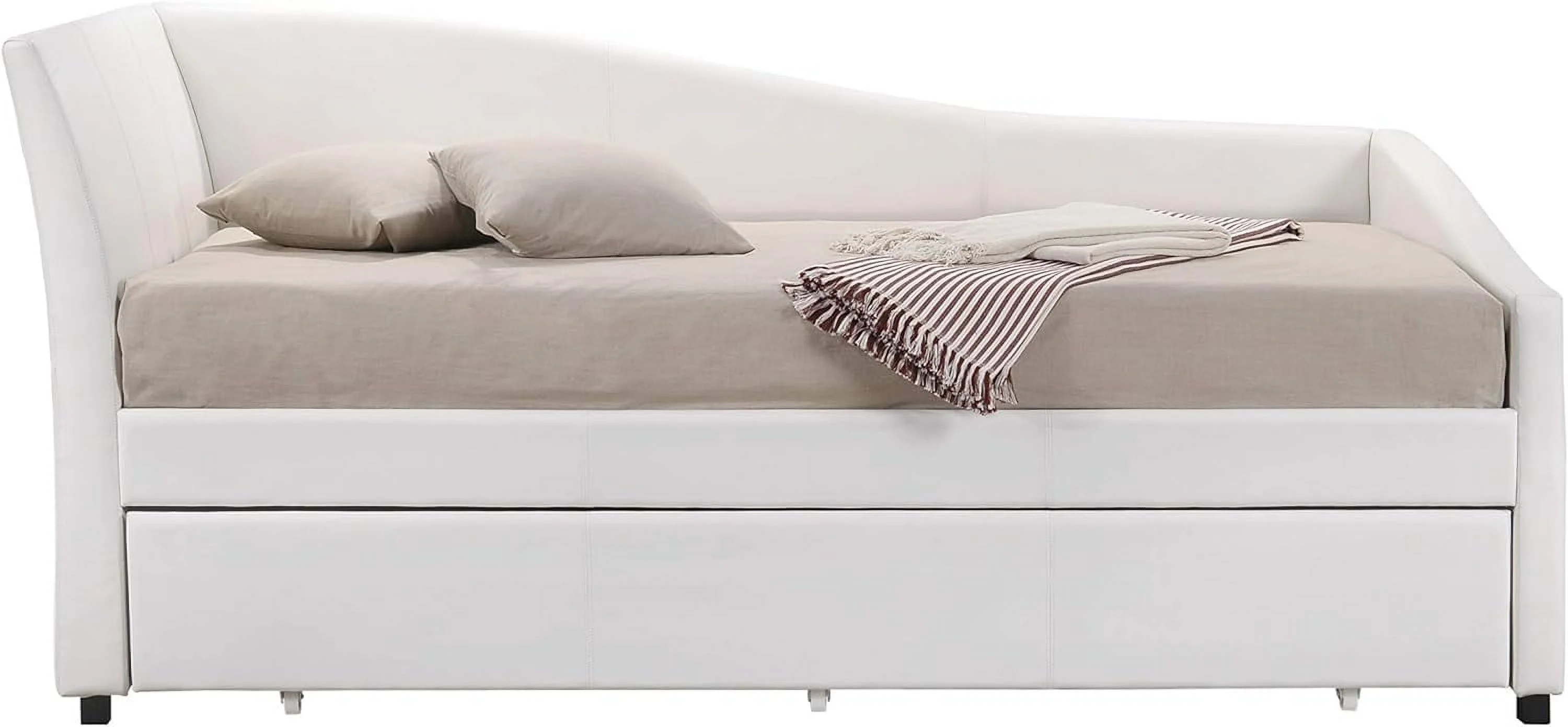 Upholstered Daybed With Trundle Modern White Faux Leather Day Beds Solid Rubber Wood Sofa Bed Frame With Guest Trundle For Living Room Bedroom