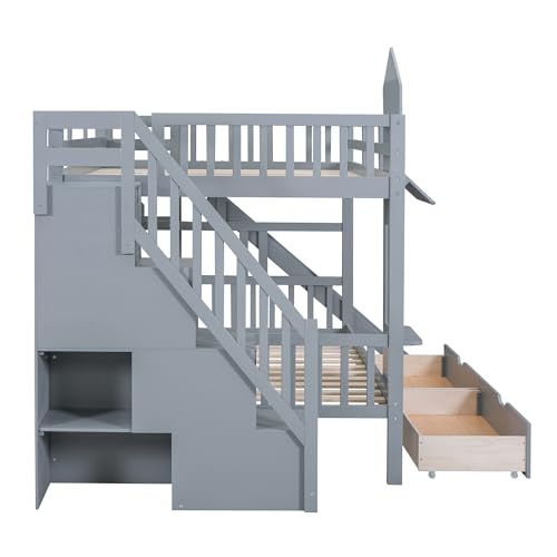 Kids Bunk Bed with Stairs and Slide, Wood Twin Over Twin Bunk Bed with Storage Drawers and Shelves, Castle Style Bunk Beds for Kids Teens Girls Boys
