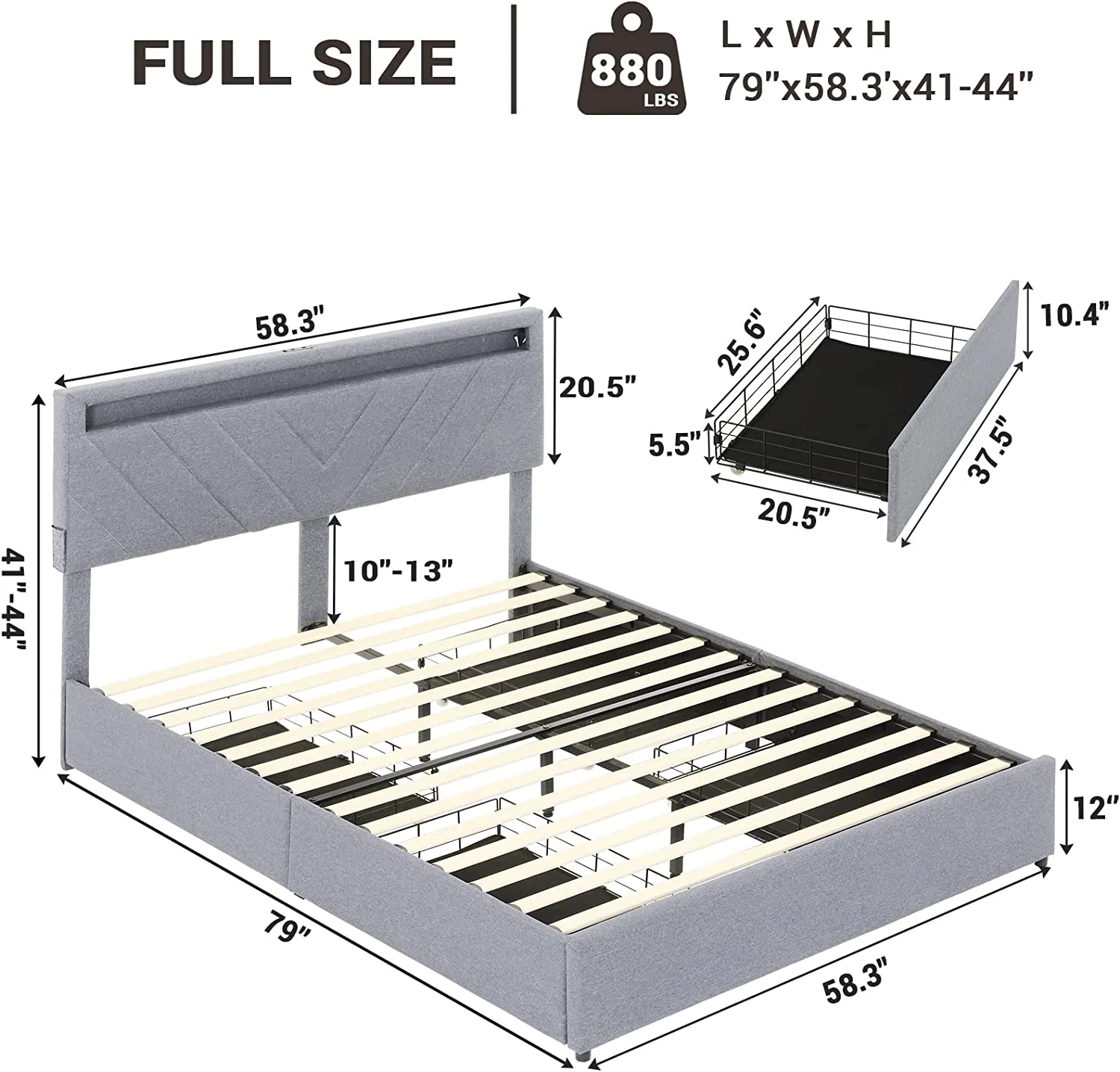 Tiptiper Full Bed Frame with LED Lights Headboard, 2 USB Charging Station and 4 Drawers, Upholstered Platform Bed Frame, Light Grey