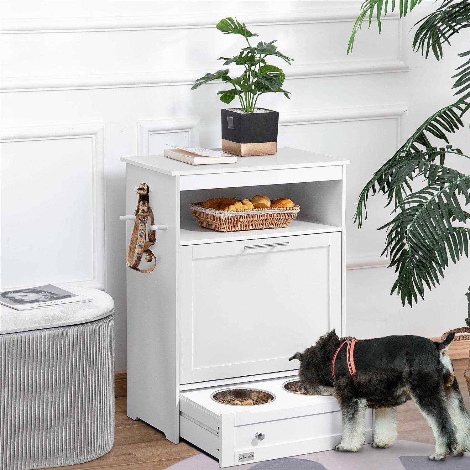 PawHut Pet Feeder Station Storage Cabinet, Dog Food Storage Container with Dog Raised Bowls and Hanger for Feeding &amp; Watering Supplies