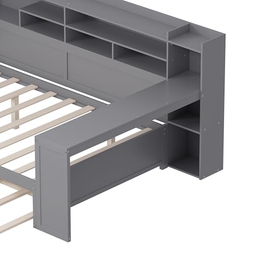 Bellemave Twin Corner Bed Frame with Storage Shelves and Desk, Wood Twin Size Daybed with Bookcase and Drawers and Storage, Gray
