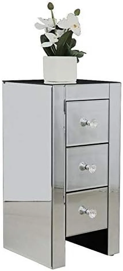 RUNFAYBIU Mirrored Nightstand  Mirrored End Table with 3 Drawers and Crystal-Style Knobs   Mirrored Bedside Table for Bedroom  Living Room  Small