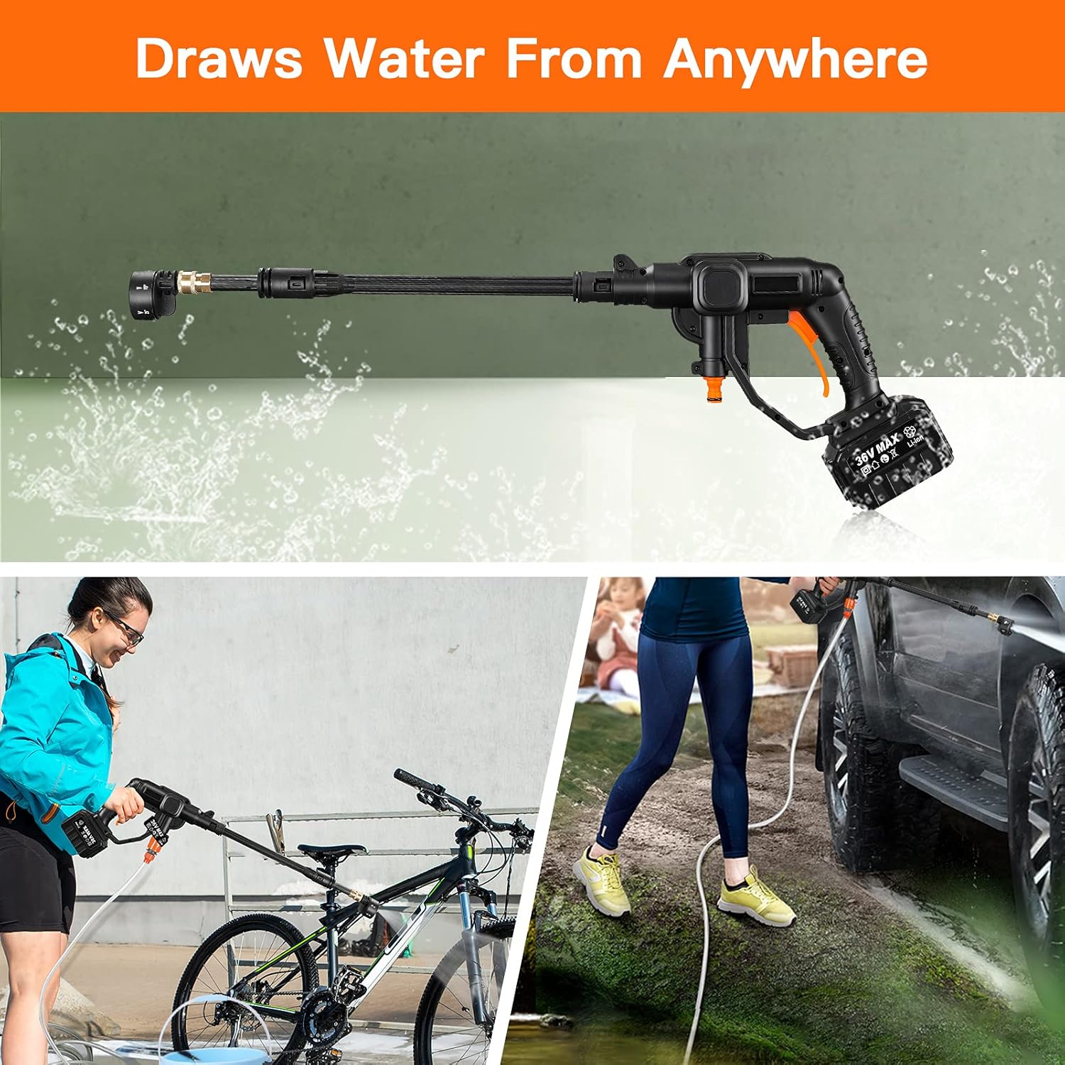 Cordless Power Washer, Portable Cordless Pressure Washer with 5-in-1 Spray Nozzle, 2.25Ah Battery, Max 507PSI / 1.08GPM for Washing Cars/Fences/Siding