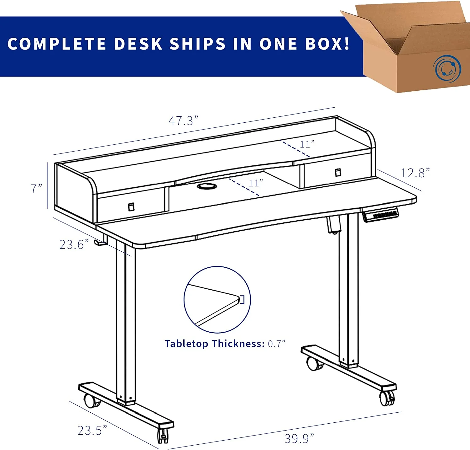Electric 2-Tier Height Adjustable X 24 Inch Stand Up Desk, Mobile Table With Storage Drawers, Standing Workstation With Memory Controller, Casters