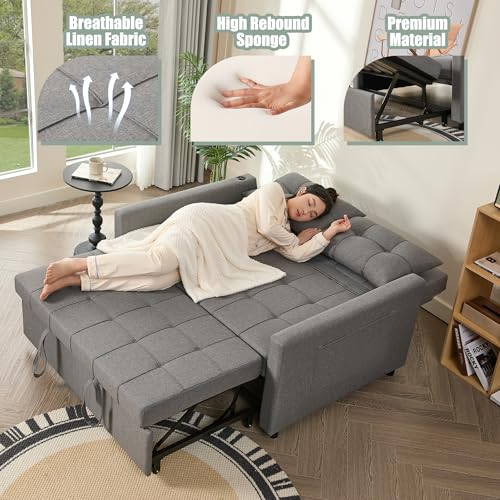 52" Sleeper Sofa with Pull-Out Bed, 3-in-1 Convertible Sofa Bed, Loveseat with Stepless Adjustable Backrest and Side Pocket