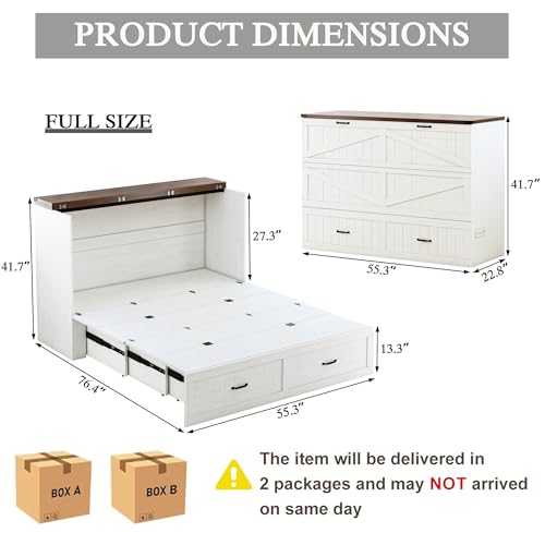 Full Murphy Bed with Storage & Charging Station, Farmhouse Murphy Cabinet Bed with Large Drawer, Hideaway Foldable Platform Bed for for Guest Room