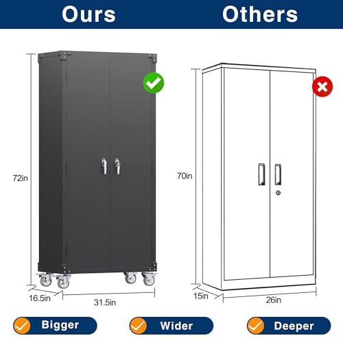 Garage Storage Cabinet with Wheels & Pegboard, 72" H Locking Metal Storage Cabinet with Doors and 4 Adjustable Shelves for Garage Workshop Home