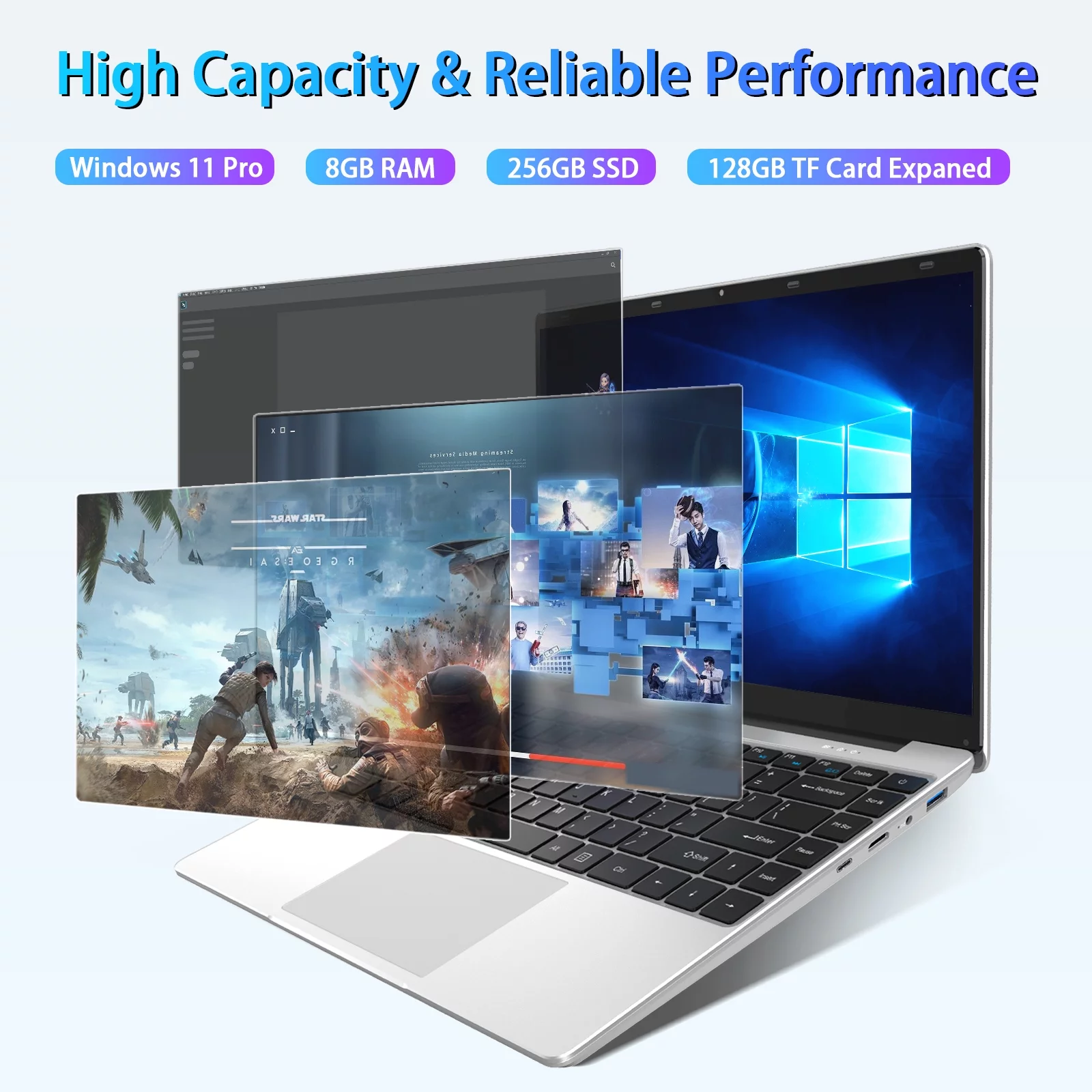 Temlicolo 14.1" Laptop, 8GB RAM PC, 256GB SSD, Intel Celeron N4020C up to 2.8GHz, Windows 11 Pro, Webcam, 1TB SSD Expansion, Silver