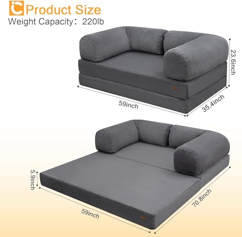 COMAX Folding Sofa Bed, Convertible Chair Bed Corduroy 3-in-1 Foldable Floor Couch with High-Density Foam, Futon Sofa Sleeper Mattress