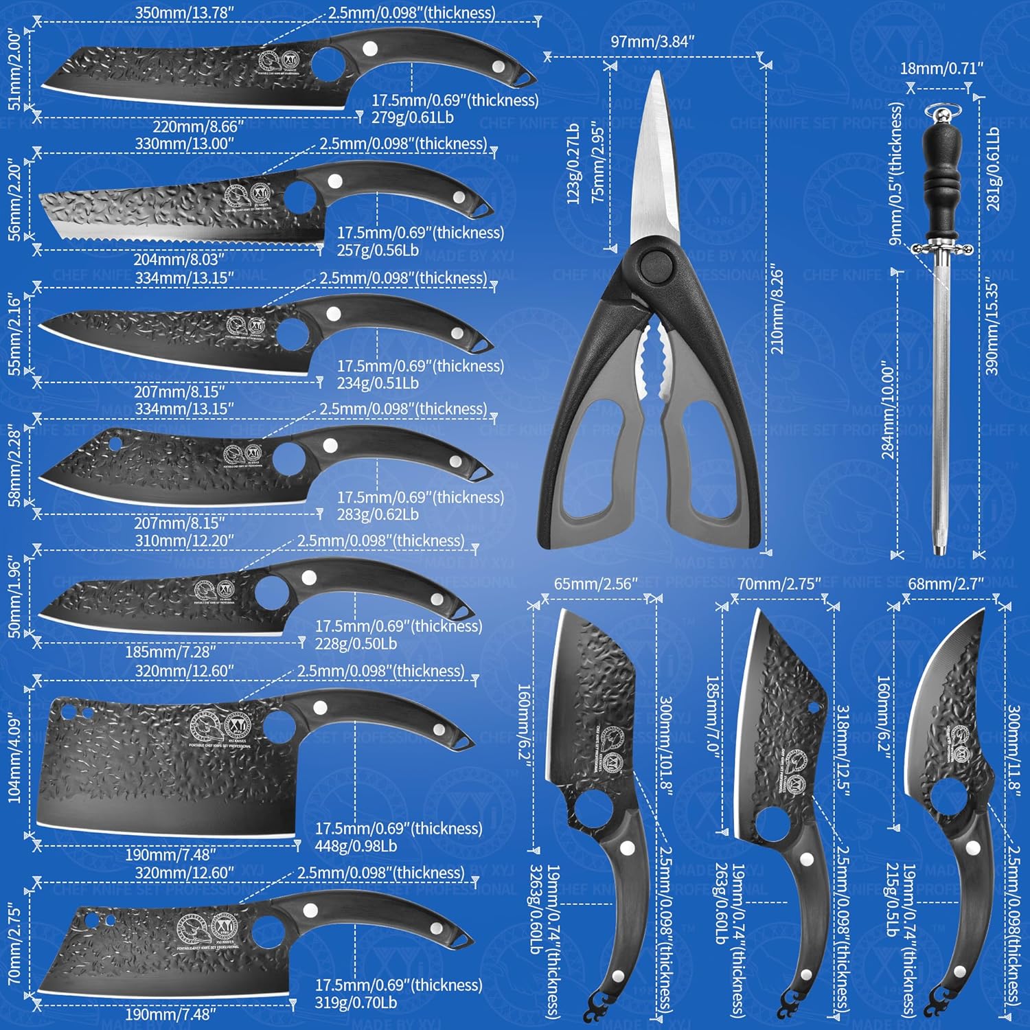 XYJ Professional Kitchen Knife Set with High-Carbon Steel Forged Blades, Chef's Knife, Cleaver, Carving Knife, Nakiri, Full Tang Design