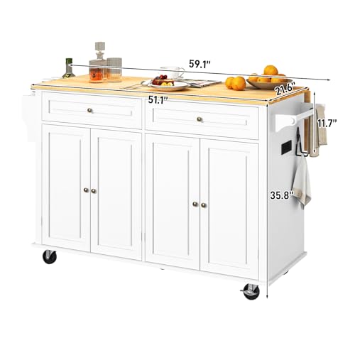 Kitchen Cart with Wood Top and Drop Leaf Breakfast Bar, Rolling Mobile Kitchen Island Table on Wheels with Drawer and Storage Cabinet, Spice Rack