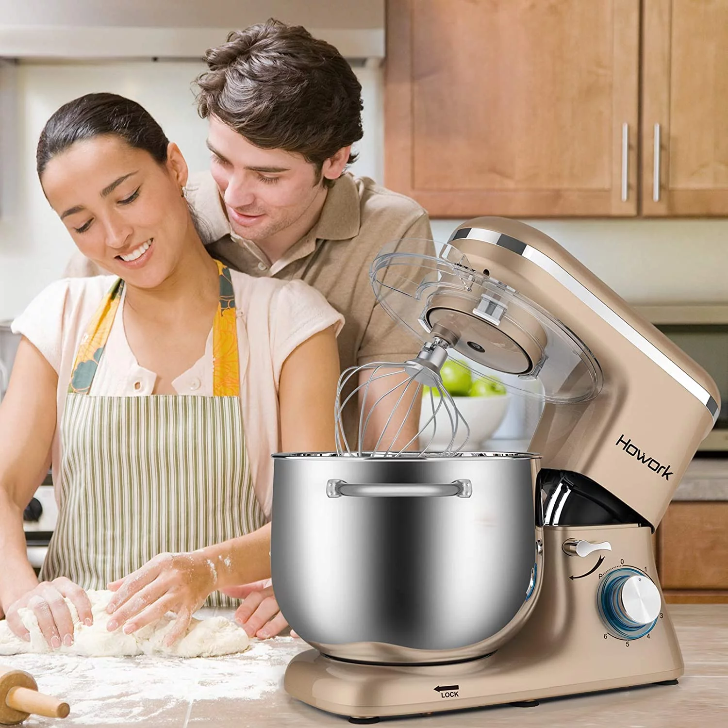 HOWORK Stand Mixer, 8.45 QT Bowl 660W Food Mixer, Multi Functional Kitchen Electric Mixer With Dough Hook, Whisk, Beater (8.45 QT, Champagne Gold)
