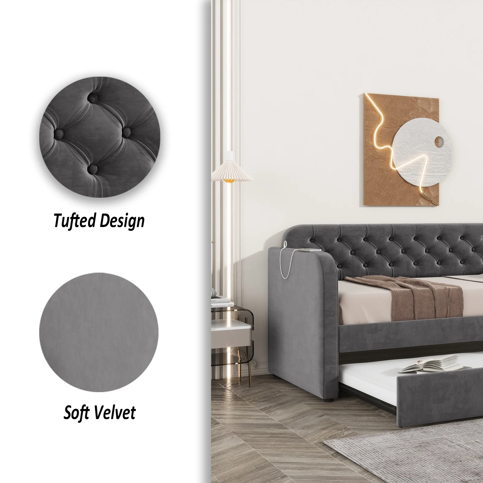 WII UWILL Twin Size Velvet Upholstered Daybed with Trundle,USB-C and Type-C