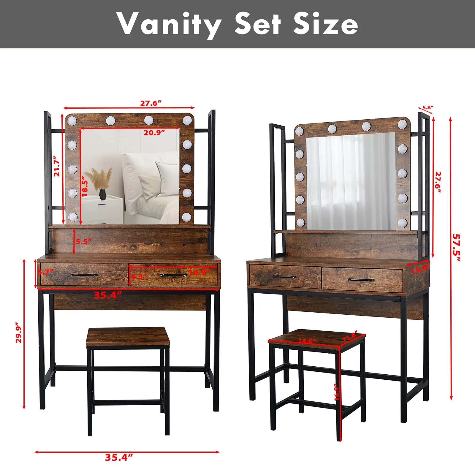 Veanerwood Rustic Vanity Set with Adjustable Lights, Makeup Vanity Table Desk for Bedroom, 3 Drawers, Brown