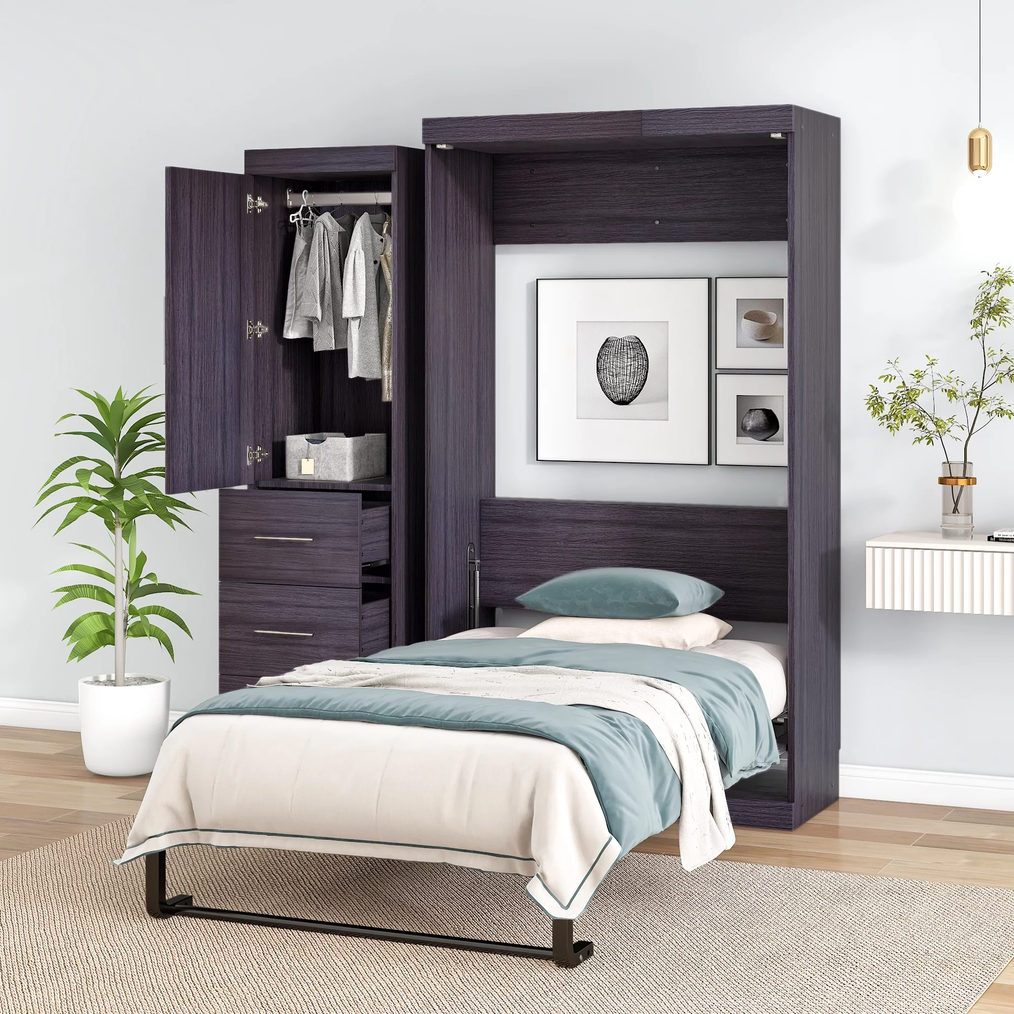 CoSoTower Twin Size Murphy Bed with Wardrobe and Drawers. Storage Bed. can be Folded into a Cabinet. Gray