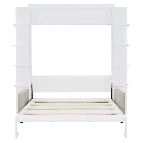 HABITRIO Queen Size Murphy Bed, Wooden Queen Murphy Bed Frame with Shelves, Wall Bed with L-Shape Sofa, White
