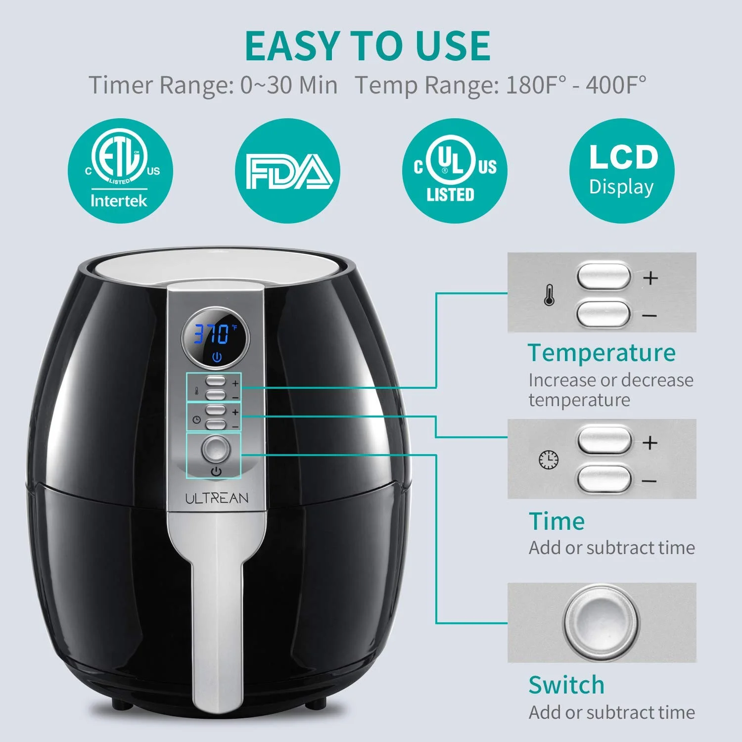 Ultrean Air Fryer, 4.2 Quart Electric Hot Airfryer Oven Oilless Cooker with LCD Digital Screen and Nonstick Frying Pot, UL Certified, 1-Year Warranty