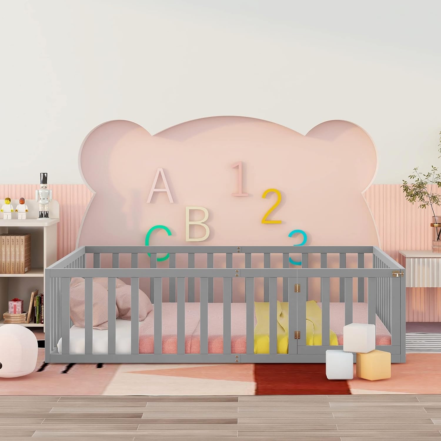 Queen Floor Bed With Fence For Kids, Montessori Floor Bed, Wood Platform Bed Frame Cabin Bed For Girls Boys, Gray