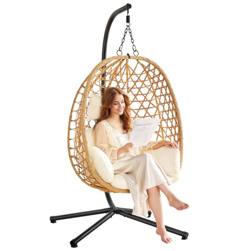 Egg Chair with Stand, Wicker Rattan Swing Hammock Chair with Fine Lace & Cushion, Hanging Chair with Double Chains