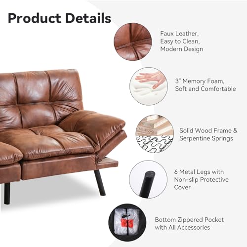 71" Convertible Futon Sofa,Faux Leather Futon Couch Bed,Sleeper Sofa Bed,Memory Foam Modern Folding Small Loveseat for Living Room,Office,Apartment