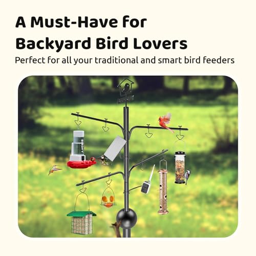 NETVUE by Birdfy Bird Feeder Pole with Effective Squirrel Baffle, 108 Inch Rust-Proof Pole Kit, 8 Adjustable Hooks for Outdoor Wild Bird Feeder, Bath